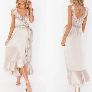 Show Me Your MuMu Satin Asymmetrical Ruffle Wrap Dress in Champagne